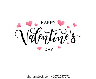 Happy Valentine's day text, hand lettering typography poster with hearts. Vector illustration. Romantic quote postcard, card, invitation, banner template.