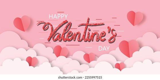 Happy Valentine's day. Text hand lettering typography poster on pink background. Papercut style. Vector illustration.