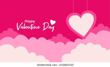 Happy Valentine's day text, handwritten typography poster on a pink background with a cloud with a hanging love shape with white space that you can fill in as you wish. Vector illustration. Romantic q