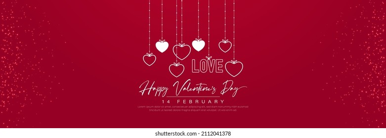 Happy valentine's day text with hanging hearts on red gradient horizontal background. Congratulation banner with space for your text. Suit for brochure, greeting card, cover, poster, wedding