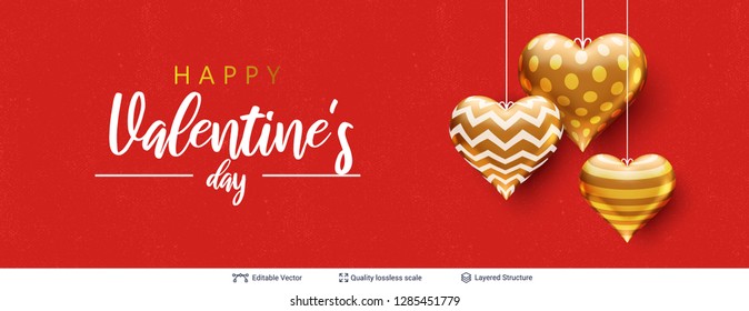 Happy Valentines day text and hearts on red. Heart shaped air balloons on abstract background with greeting text.