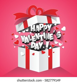 Happy valentine's day text with hearts in gift box vector illustration