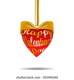 Happy Valentine's Day text inside a heart shape with golden glitter bow and shadow.