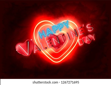 Happy  Valentine's day  text label -  Neon, alphabet, heart-  Background  Red -Vector illustration.