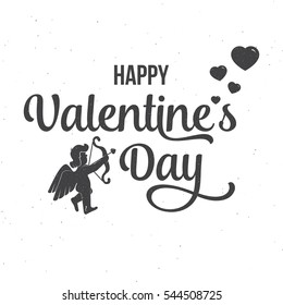 Happy Valentine's Day text and lettering. Vector Illustration. For greeting card, flyer, poster logo with text lettering, hearts and angel. Valentine's Day typography design.