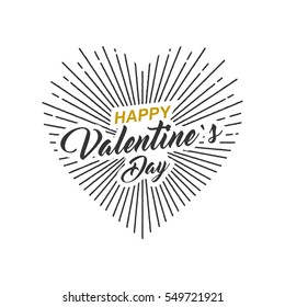 Happy Valentines Day text lettering with rays of blast isolated on white background. Calligraphy font style. Handwritten valentines gift card template. Vector illustration.