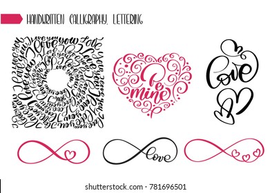 Happy Valentines Day text love for greeting card. Infinite sign romantic hearts with calligraphic phrases isolated on white background.