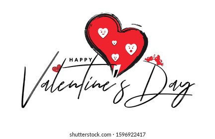 Happy Valentine's Day Text with Loving Birds Couple and Creative Hearts Expression on White Background.