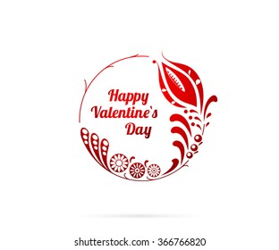 Happy Valentine`s Day text message, traditional abstract floral ornament, red shades