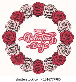 Happy Valentines day text on the middle of circle frame Red beautiful roses. isolated on white Background vector illustration.