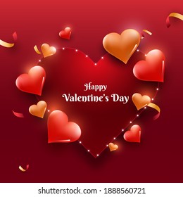 Happy Valentine's Day Text On Red Frame Decorated With Glossy Hearts.