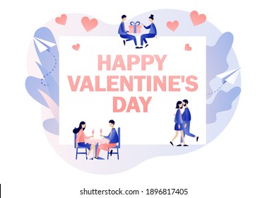 Happy Valentines day - text on greeting card. Tiny people in love greet each other. Romantic relations and date. Modern flat cartoon style. Vector illustration on white background