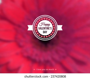 Happy Valentine's Day Text on Blurred Background with Gerbera Flower. Vector illustration. 
