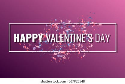 Happy Valentine's Day! Text on the abstract purple background with hand drawn watercolor splashes. Stock vector.