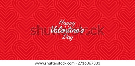 Happy Valentines Day text on red heart pattern background seamless graphic. Love and romance poster design for social media.