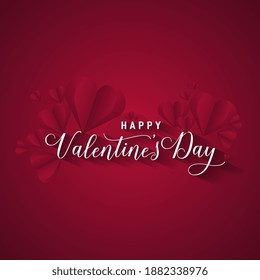 Happy Valentine's day text with pink hearts on red gradient background. Vector illustration. Romantic quote postcard, card, invitation, banner template.
