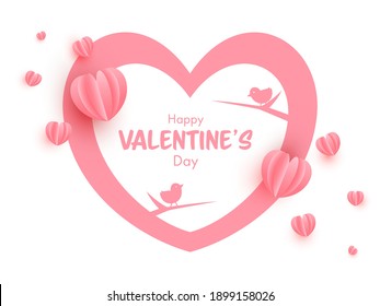 Happy Valentine's Day Text With Pink Origami Paper Hearts And Silhouette Birds On White Background.