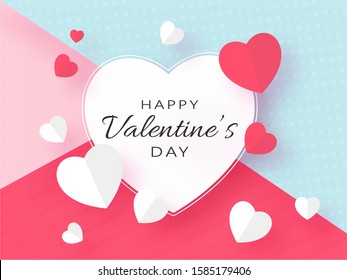 Happy Valentine's Day Text with Red and White Paper Hearts Decorated on Colorful Abstract Background.