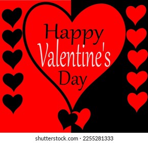 Happy Valentines day text in red heart and half black   half red background and black hearts one side   red hearts the other  Vector Drawing