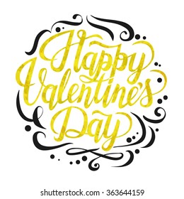 Happy Valentine's Day text. Valentine's typography. Vector illustration of Valentine Greeting Card with swirl. Golden and black typography.