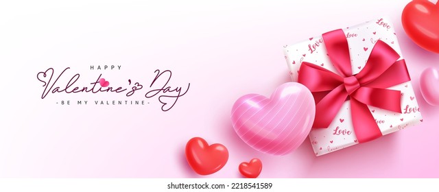 Diseño de fondo de vector de texto de día feliz de San Valentín. Sé mi tipografía valentina en espacio vacío con elementos de caja de regalo y corazones. Ilustración vectorial.

