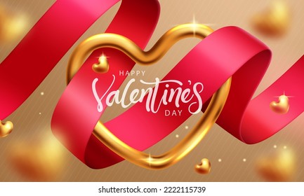 Happy valentine's day text vector design. Valentine's gold sparkling heart and red ribbon elements in pattern background. Vector Illustration.