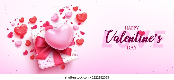 Diseño de fondo de vector de texto de día feliz de San Valentín. La caja de regalo de San Valentín y los elementos de globos de corazón para la decoración de banner de tarjeta de saludo. Ilustración vectorial. 

