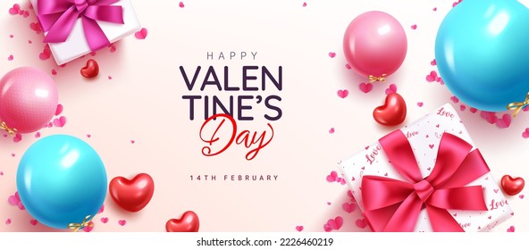 Happy valentine's day text vector background design. Valentine's day with gift, balloons and hearts decoration for celebration surprise elements. Vector Illustration.
