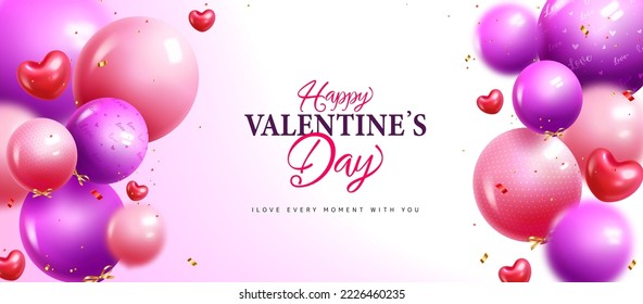 Diseño de vector de texto de día feliz de San Valentín. Día de San Valentín con globos inflables y globo de forma cardíaca para el fondo de decoración de tarjetas de felicitación. Ilustración vectorial.

