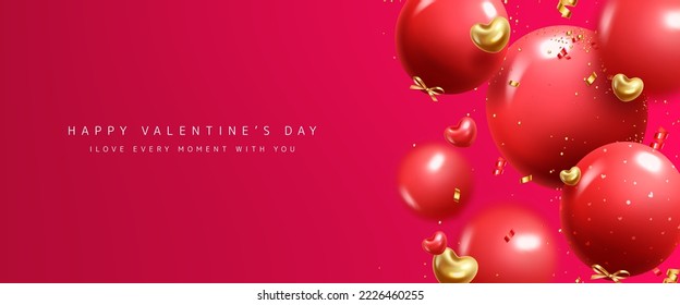 Happy valentine's day text vector background design. Valentine's day in red empty space with inflatable balloons and confetti elements for greeting card decoration. Vector Illustration.
