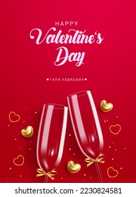 Diseño de vector de texto de día feliz de San Valentín. Tarjeta de saludo del día de San Valentín con un par de elementos de vidrio para la decoración romántica de antaño. Ilustración vectorial.
