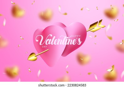 Happy valentine's day text vector design. Valentine's day greeting card with couple heart balloons with cupid bow element decoration in pink blurred background. Vector Illustration.
