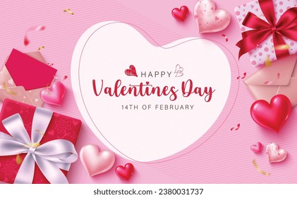 Diseño de plantillas de vector de texto de día feliz de San Valentín. Tarjeta de saludo del día de San Valentín en espacio vacío con forma de corazón con elementos decorativos de caja de regalo y carta de amor. Invitación diaria de corazones de ilustraciones de vectores