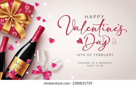 Happy valentine's day text vector design. Valentine's day greeting card with wine bottle and couple party glass for anniversary and wedding celebration. Vector illustration hearts day invitation card.