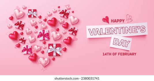 Happy valentine's day text vector design. Valentine's balloons and gift boxes in heart shape decoration elements for february  greeting card. Vector illustration hearts day invitation card.
