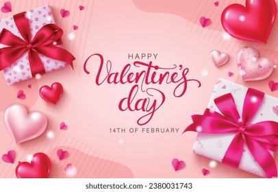 Happy valentine's day text vector design. Valentine's day greeting card with gift boxes in elegant pattern wrapper  for february celebration. Vector illustration hearts day invitation card. 
