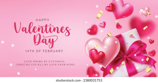 Happy valentine's day text vector template. Valentine's day greeting card with hearts balloons and gift box surprise elements for invitation card dedication background. Vector illustration hearts day 