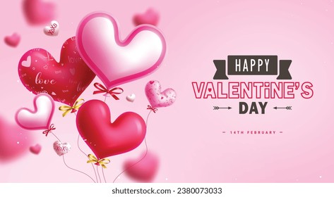 Happy valentine's day text vector design. Valentine's day greeting card with bunch of hearts balloons flying for february celebration. Vector illustration hearts day invitation card.
