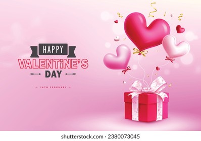 Happy valentine's day text vector design. Valentine's day greeting card with gift box and balloons heart flying decoration elements. Vector illustration hearts day invitation card.
