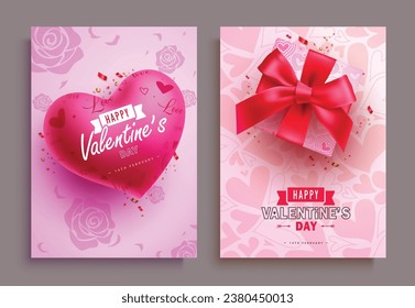 Happy valentine's day text vector poster set. Valentine's day greeting, invitation and dedication card collection with heart and gift box decoration elements. Vector illustration hearts day invitation