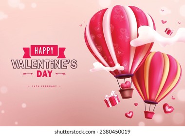 Happy valentine's day text vector design. Valentine's day greeting card with hot air balloon floating and gift box in the sky background for february celebration. Vector illustration hearts day 