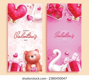Happy valentine's day text vector poster set. Valentine's day greeting card with heart balloon and gift box decoration elements. Vector illustration hearts day invitation card collection.

