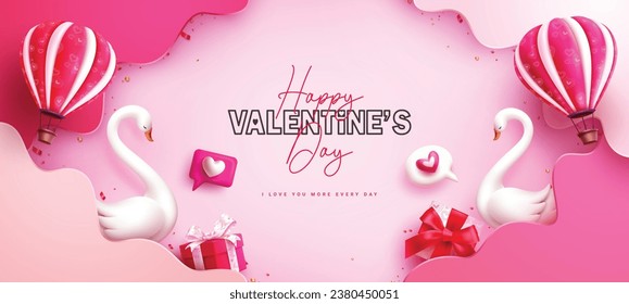 Plantilla de vector de texto de día feliz de San Valentín. Tarjeta de saludo del día de San Valentín con pareja de cisne, caja de regalo, globos de aire caliente y elementos de decoración de corte de papel de nubes. Día de corazones de ilustraciones de vectores 