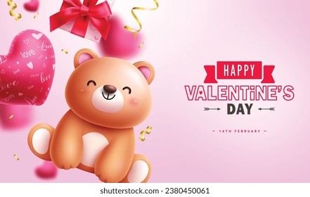 Happy valentine's day text vector design. Valentine's day greeting card with teddy bear, balloon heart and gift box decoration elements. Vector illustration hearts day invitation card. 
