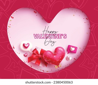 Happy valentine's day text vector template. Valentine's day greeting card in heart space for typography with gift box surprise and heart balloon decoration elements. Vector illustration hearts day 