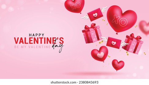 Happy valentine's day text vector background design. Valentine's day greeting card with gift boxes, heart balloons and love letter decoration elements. Vector illustration hearts day invitation 