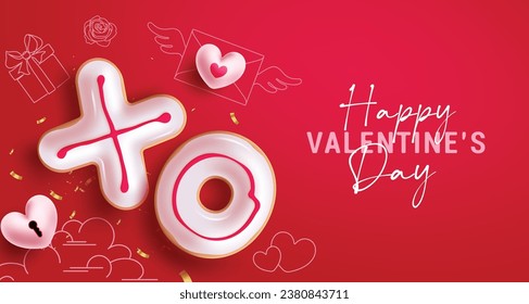 Happy valentine's day text vector background design. Valentine's day greeting card with xo love sign and doodle pattern in red space for hearts day holiday celebration. Vector illustration valentine 
