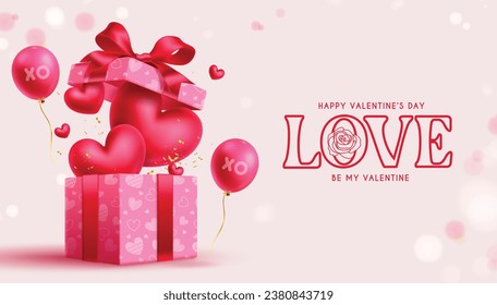 Happy valentine's day text vector design. Valentine's day greeting card with balloons flying in open gift box elements for invitation card decoration. Vector illustration heart's day greeting