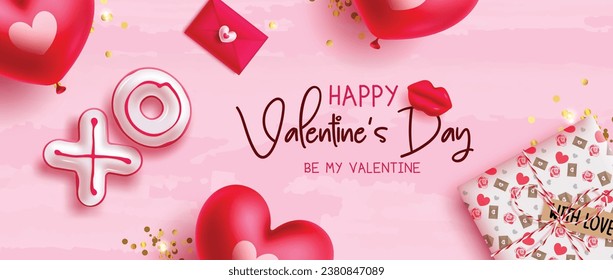 Happy valentine's day text vector design. Valentine's day greeting card be my valentine with xoxo, heart balloon and lobe letter decoration elements. Vector illustration hearts day invitation card. 
