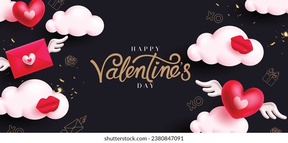 Herzlichen Glückwunsch valentiner Tag Text Vektordesign. Valentinstag Grußkarte mit Wolken, Liebesbrief fliegen und Herzblasen für Februar Feiern. Vektorgrafik Herzen Tageseinladung Karte. 
